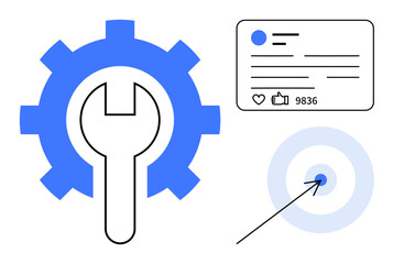 Gear with wrench symbolizing settings, social media interaction card, and target indicating goals. Ideal for digital marketing, social strategy, online growth, user engagement, analytics, web
