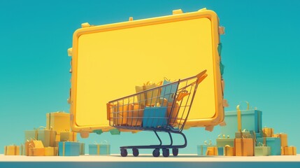 Fototapeta premium Shopping cart filled with gifts before large blank sign