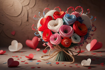 Colorful Paper Flower Bouquet with Scattered Hearts Love and Romance Theme