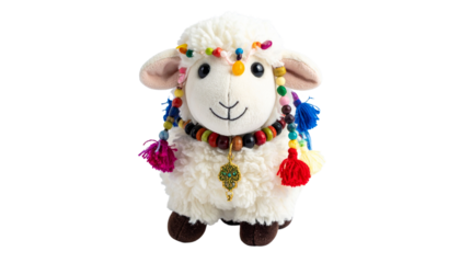 Decorated Eid Sheep Toy:
Plush toy sheep decorated with colorful accessories, isolated on transparent background, cute and symbolic for Eid-ul-Adha marketing