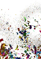 Vibrant confetti bursts across white background. Perfect for celebrations, parties, and festive designs.