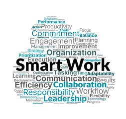 Smart Work Word Cloud. Highlights key ideas for improving efficiency, time management, and productivity, focusing on strategies, tools, and leadership in modern workflows.