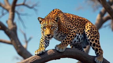 Majestic Leopard Displaying Grace and Power While Walking Along a Branch in a Lush Natural Habitat.