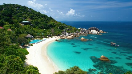 Secluded international beach with turquoise waters and white sand