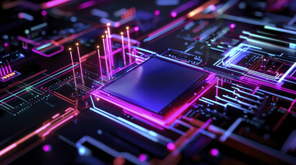 Obraz premium vibrant and intricate digital circuit board featuring central processing unit surrounded by glowing neon lines and connections