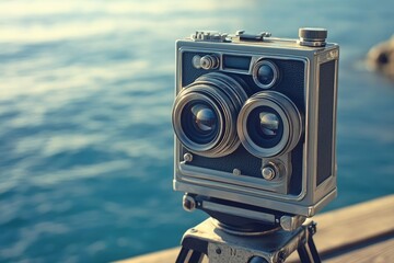Fototapeta premium Vintage stereo camera on tripod overlooking tranquil ocean. Captures nostalgic seaside scene.