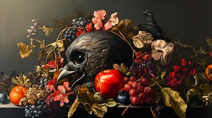 Dark Still Life with Bird and Fruits
