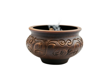 A Rustic Incense Burner with Rising Smoke, Enhancing Spiritual Practices and Cultural Ceremonies Isolated on transparent background.