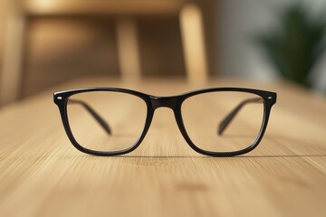 Black framed eyeglasses rest on a light brown wooden surface.
