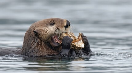 Fototapeta premium Sea Otter Lunch: A Coastal Mammal's Feast