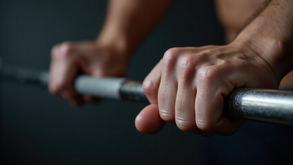 Fototapeta premium Emphasis on lifting weights. Close-up of hands gripping a barbell, with tense muscles and veins.