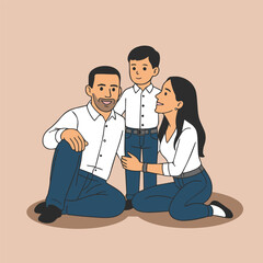 Happy Family Sitting Together in Casual Clothing - Cartoon Flat Style Illustration