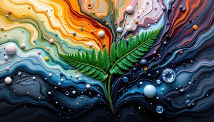 Obraz premium ink splash a dramatic image of a fern leaf submerged in ink, with fluid patterns and colors radiating outwards.