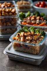 Obraz premium Cooking Containers. A stack of plastic containers filled with portioned healthy foods like quinoa and grilled chicken. Proper Nutrition. 