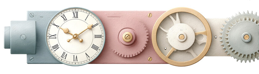 A vintage clock face is integrated with mechanical gears, illustrating the concept of time and machinery.