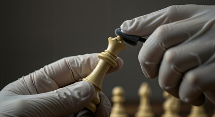 A close-up of a gloved hand manipulating a king chess piece during a strategic game, emphasizing the importance of decision-making in chess and strategy at a quiet setting.