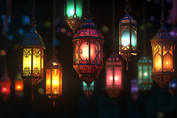 Obraz premium Colorful decorative lanterns hanging in a vibrant night market, creating a festive atmosphere