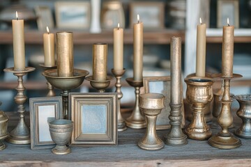 Antique brass candlesticks and picture frames create a vintage, romantic setting.