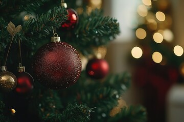 Close-up of a decorated Christmas tree with red and gold ornaments, creating a festive atmosphere.
