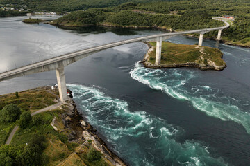 Aerial View of Saltstraumen Strait and Bridge, Nordland, Norway