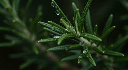 Rosemary Plant with Water Droplets Close-Up
