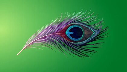 Obraz premium Iridescent Peacock Feather Isolated on Green Screen Background in Studio for Melancholic Music VFX Production Element