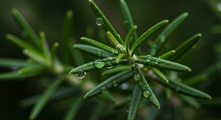 Rosemary Sprig with Water Droplets Close-Up