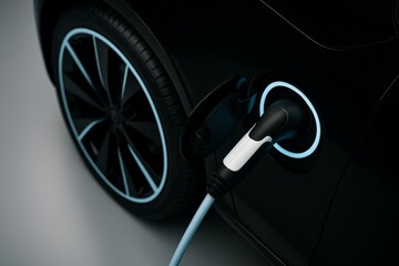 Electric Vehicle Charging: Close-up of a sleek black electric car charging cable plugged into a charging port.  The image emphasizes the clean energy transition. 