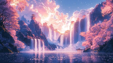 Fototapeta premium Waterfall Wonderland with pink cherry blossoms flying