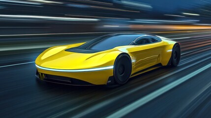 Yellow sports car speeding, city night