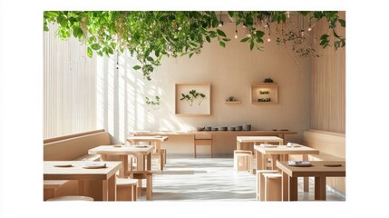 Minimalist cafe interior, plants, sunlight, calm