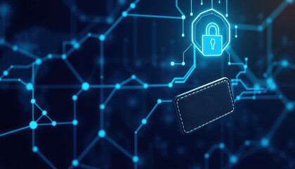 Fototapeta premium Digital security concept with padlock symbol and network connections in a technology landscape representing data protection and cybersecurity solutions