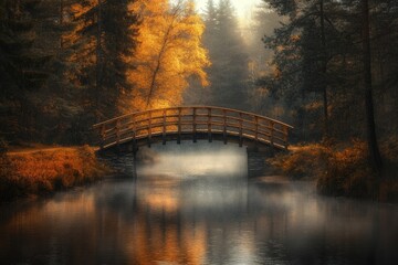 Fototapeta premium A wooden bridge arches over a misty autumn river, surrounded by vibrant orange and gold foliage in a serene forest.