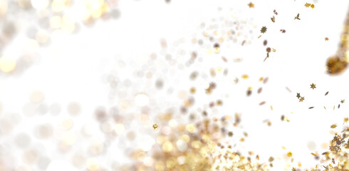 Sparkling gold confetti and bokeh lights on white. Festive backdrop for holidays, celebrations, and luxury brands.