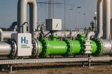 Green Hydrogen Power: A striking image of a green hydrogen energy facility, emphasizing the promise of eco-friendly power generation with an industrial aesthetic. 