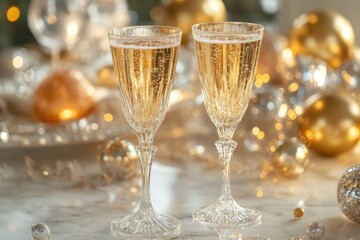 Two champagne flutes filled with bubbly, set against a backdrop of elegant Christmas decorations.