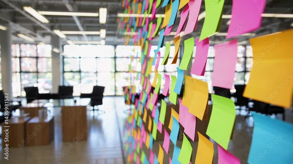 Fototapete colorful sticky notes attached to a transparent divider are gently moving, creating a dynamic visual