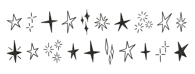 Stars set, crayon hand drawn magic icons. Shine, spark or light chalk elements. Line sketch and silhouettes various sparkle icons. Doodle black glitter sparks. Vector illustration