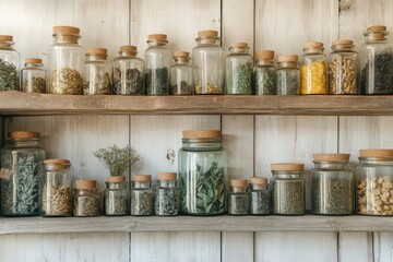 Various dried herbs and spices are stored in glass jars on wooden shelves.