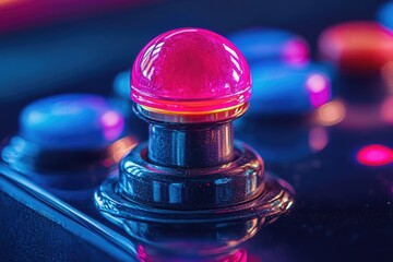 Close-up of a vibrant pink illuminated joystick button on a retro arcade game console.