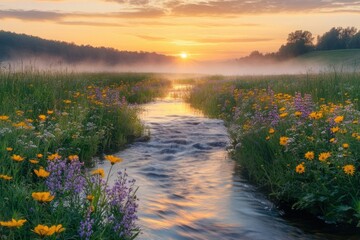Serene sunrise over a tranquil stream flowing through a vibrant meadow of wildflowers.