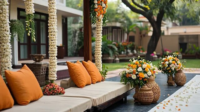 Outdoor wedding ceremony setup with orange pillows, white floral garlands, and terracotta pots.  A white petal-strewn path leads to the seating area. Natural lighting