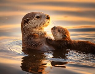 close-up of otter mom and its baby