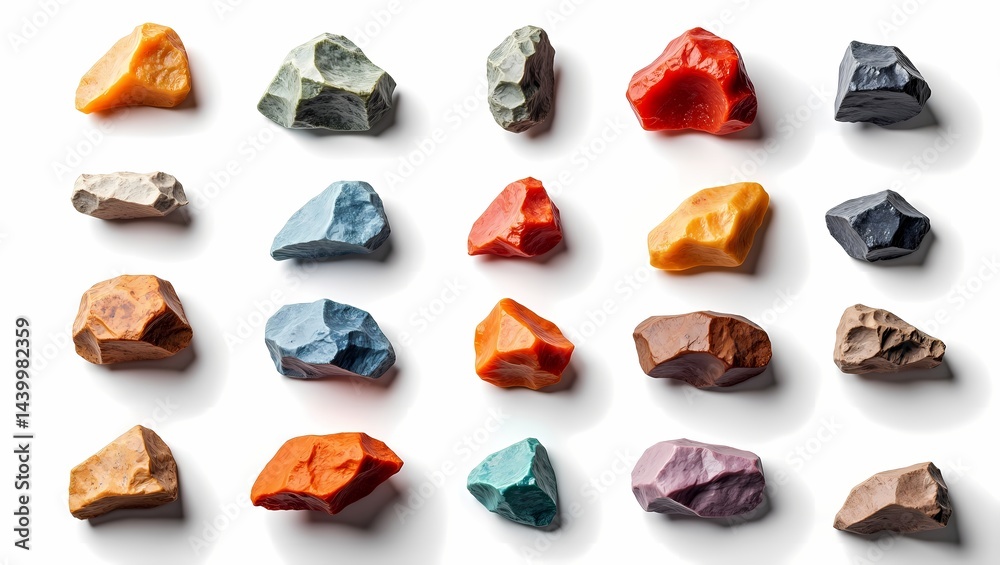 Aufkleber various colorful rocks, each with unique shapes and textures, carefully arranged in a grid pattern. the rocks exhibit a diverse range of colors, ranging from earthy tones to vibrant hues.