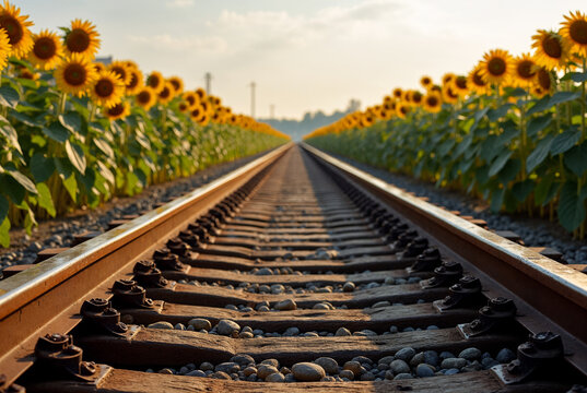 Rusty railroad tracks vanishing into a field of tall sunflowers.