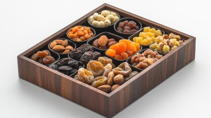 Wooden box, assorted dried fruits, nuts, white background, gift