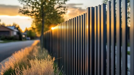  A close-up of a metal fence at sunset with a blurred street and houses in the background.