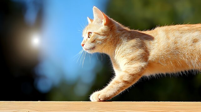 Ginger Cat on Fence Looking Towards Light with Blue Sky - Powered by Adobe