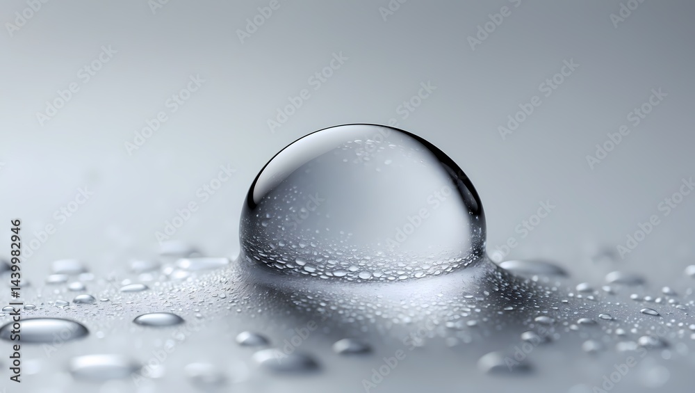 Poster a single water drop with a perfect rounded shape, the macro shot captures the details of this water drop