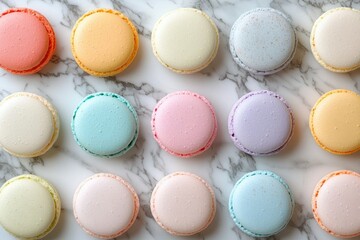 Fototapeta premium A dozen pastel-colored macarons arranged on a marble surface.